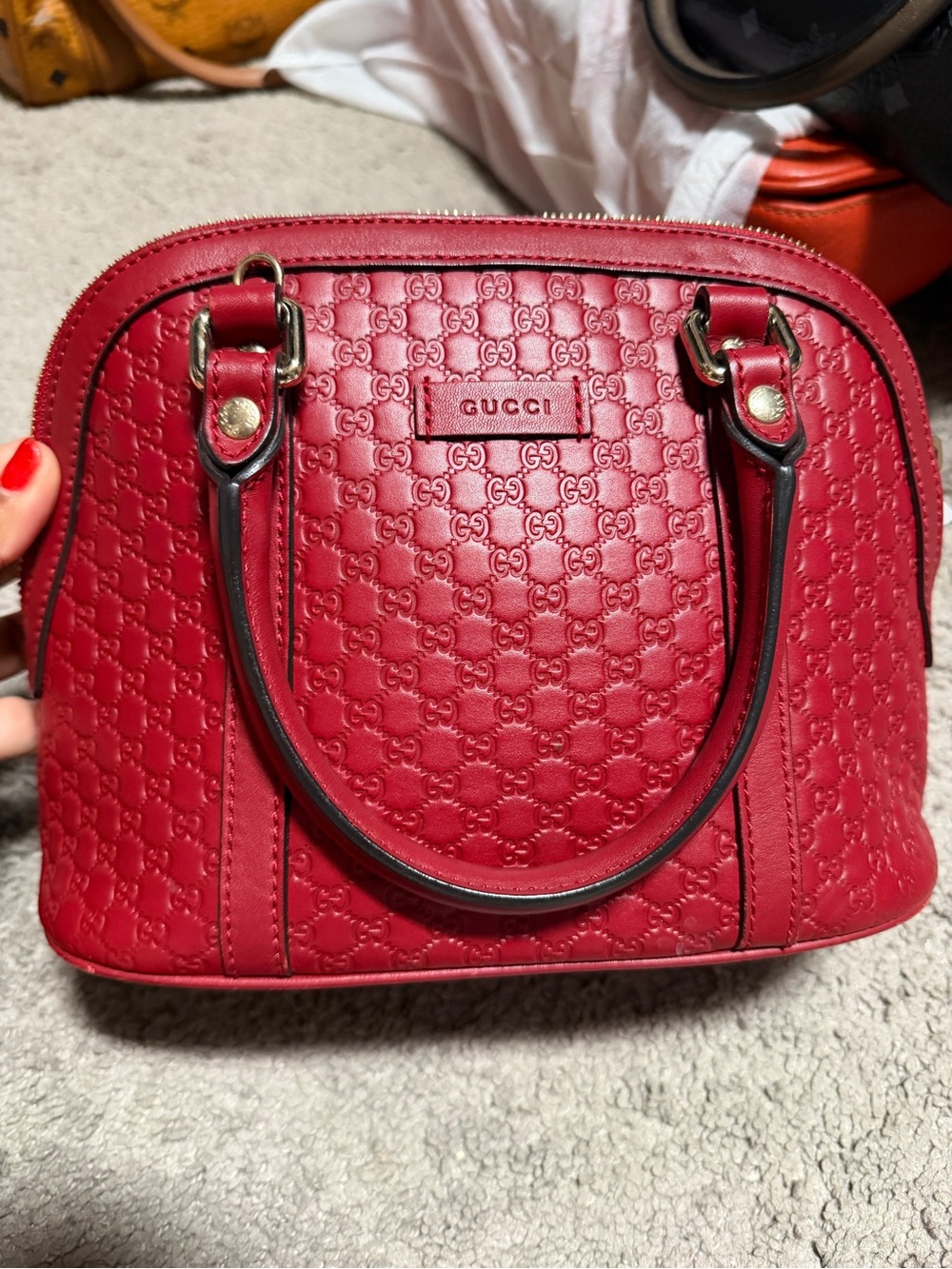 Gucci Red GG-Embossed Dome Satchel with Gold Hardware
